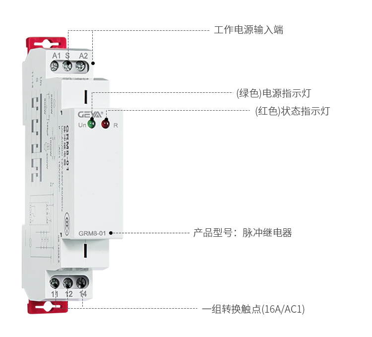 格亚脉冲监控继电器功能件：工作电源输入端，（绿色）电源指示灯，（红色）状态指示灯，产品型号：脉冲继电器，一组转换触点（10A/AC1）